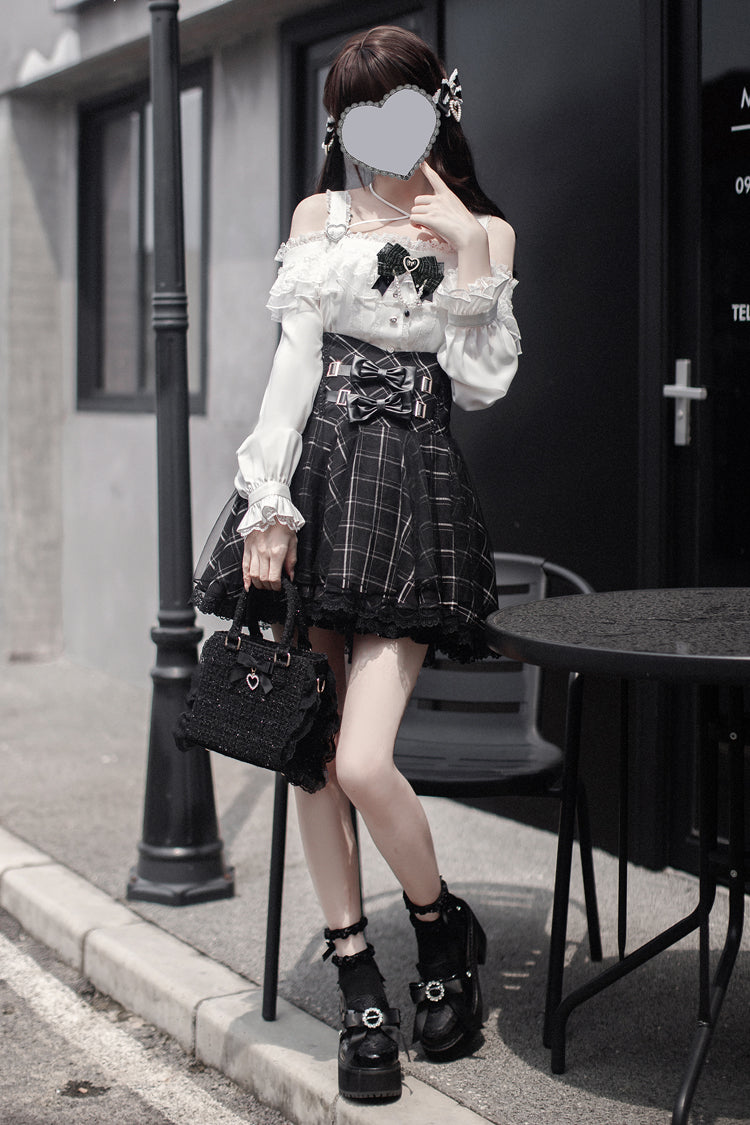 Black Plaid Print Bowknot Sweet Jirai Kei Japanese Skirt