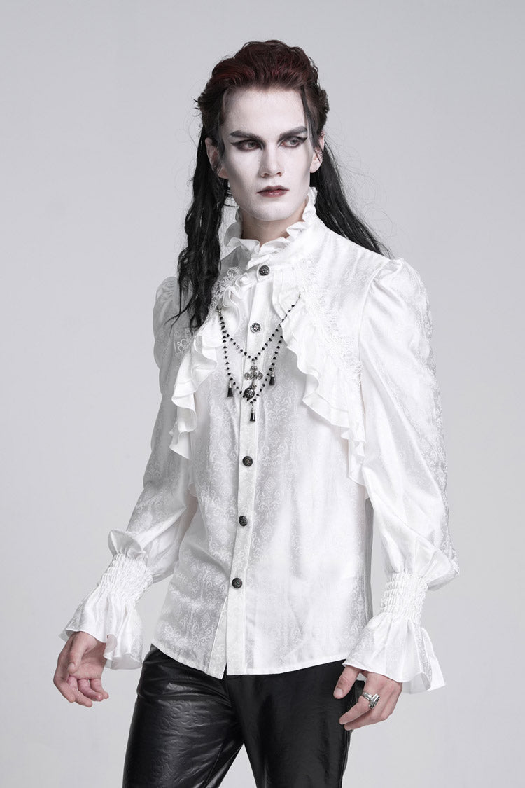 White Stand Collar Long Sleeves Ruffle Lace Cross Men's Gothic Blouse
