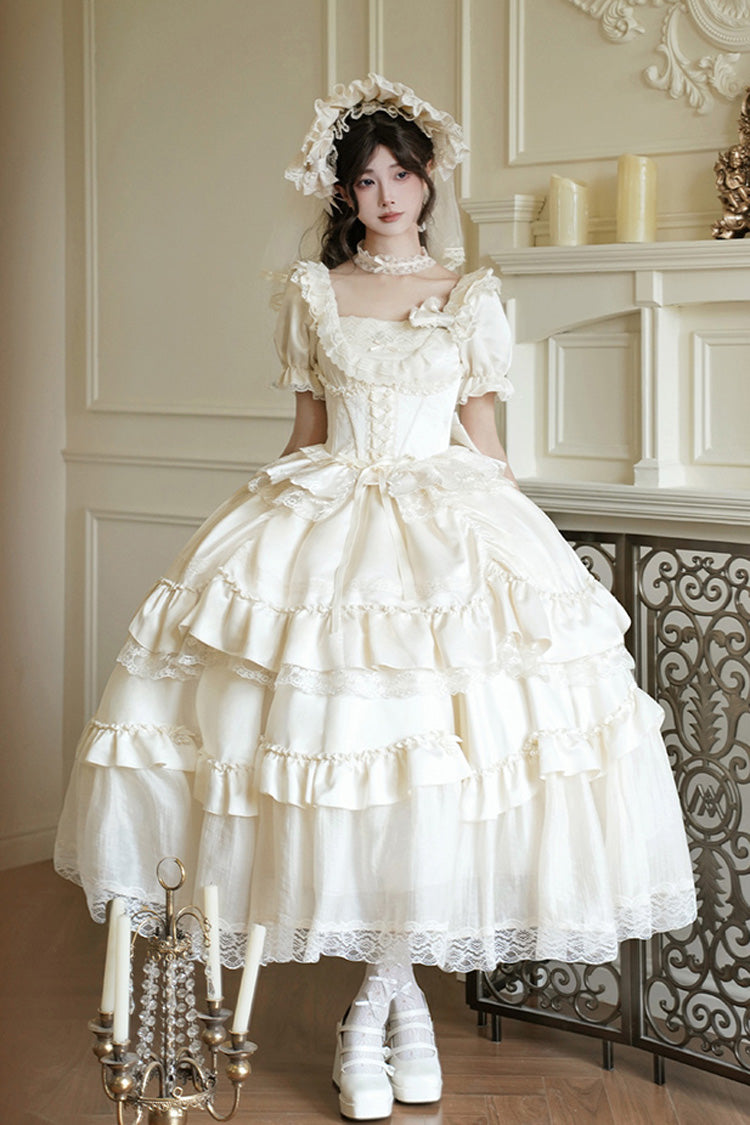 White [Letters and Poems] Square Collar Short Sleeves Ruffle Hanayome Bowknot Sweet Elegant Gorgeous Lolita Dress