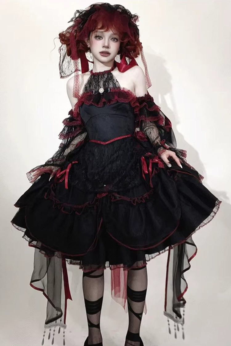 黒/赤【重ね詩】ホルターネック ノースリーブ 多層ジャガード 花嫁 リボンレース ゴスロリ ワンピース