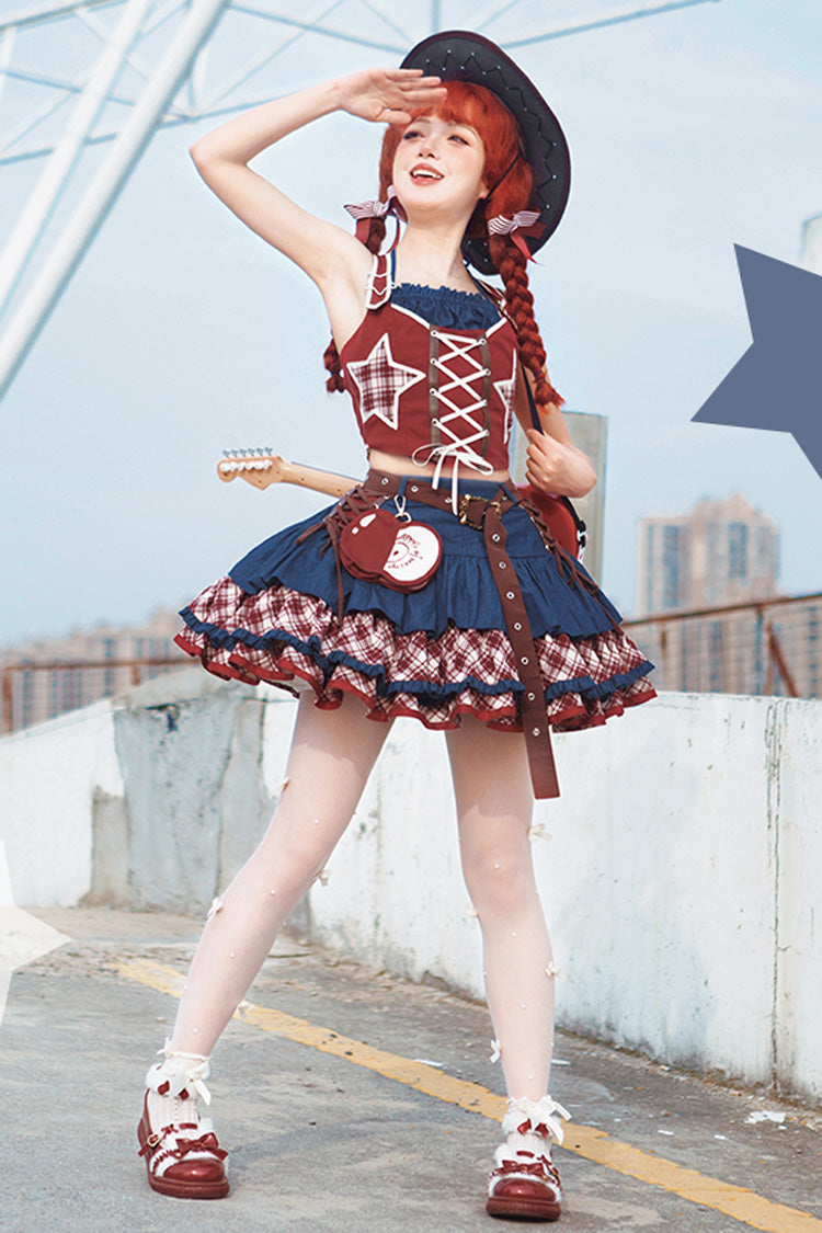 Red/Blue [Apple Trap] Triple-Layered Print Ruffle Lace-Up Sweet Lolita Jsk Dress Two-piece Set