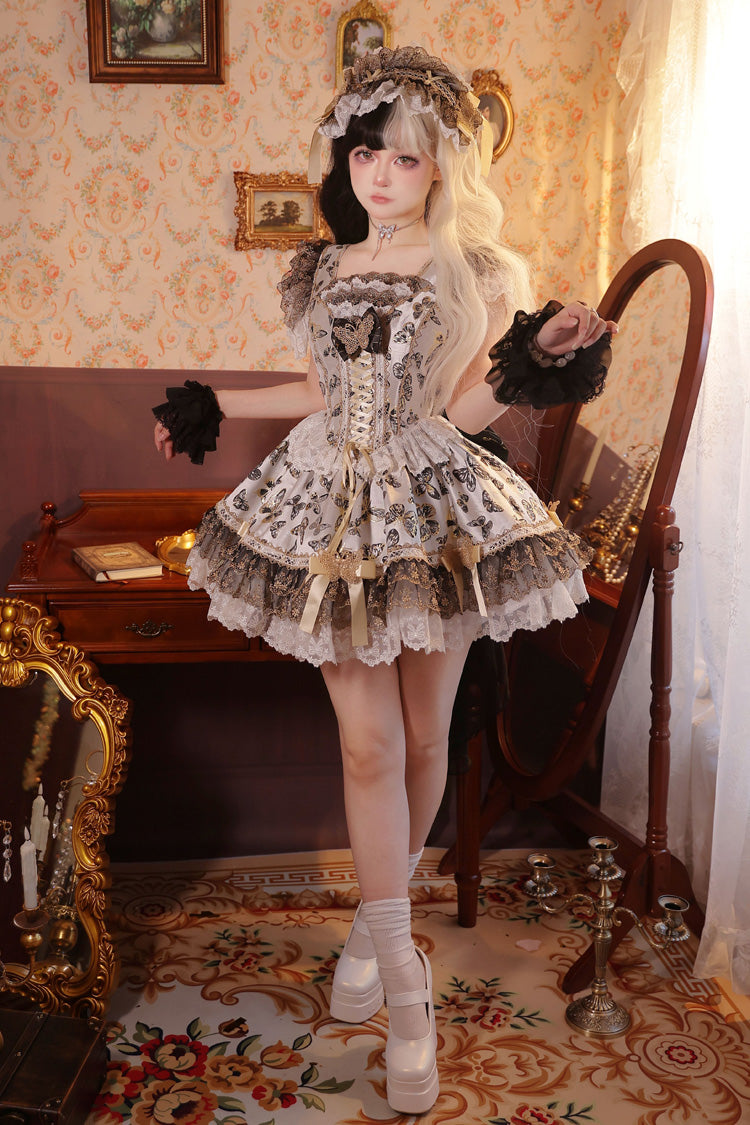 Cream [Golden Spirit • Dream Butterfly] Sleeveless Print Ruffle Bowknot Lace-Up Sweet Princess Lolita Jsk Dress Set