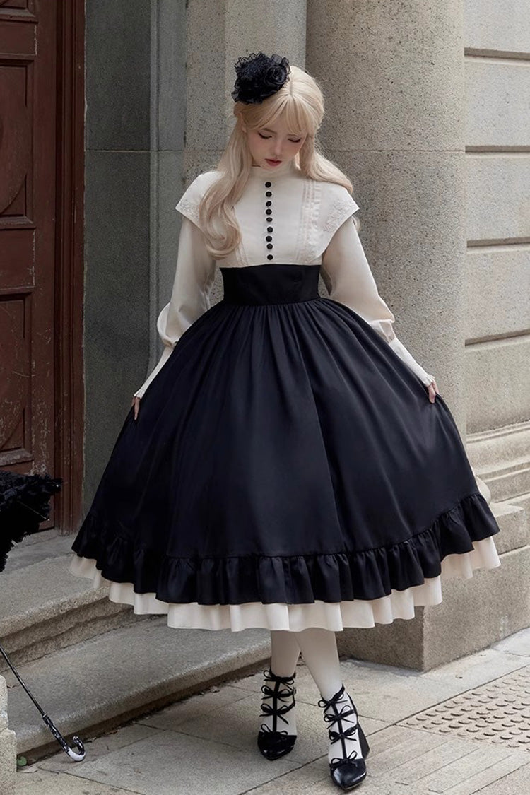Rose Embroidery Long Sleeves Ruffle Bowknot Fake Two Pieces Elegant Lolita Dress 2 Colors