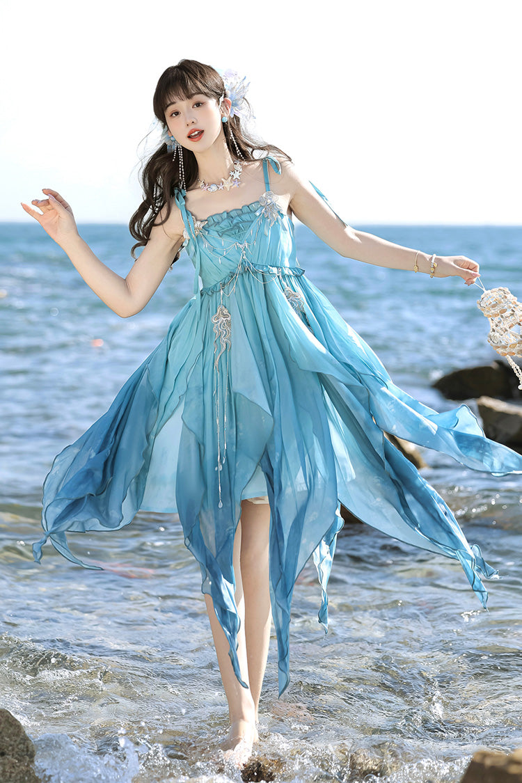 Blue [Ocean Sprite] Gradient Print Irregular Hooded Sweet Lolita Jsk Dress Cloak Set