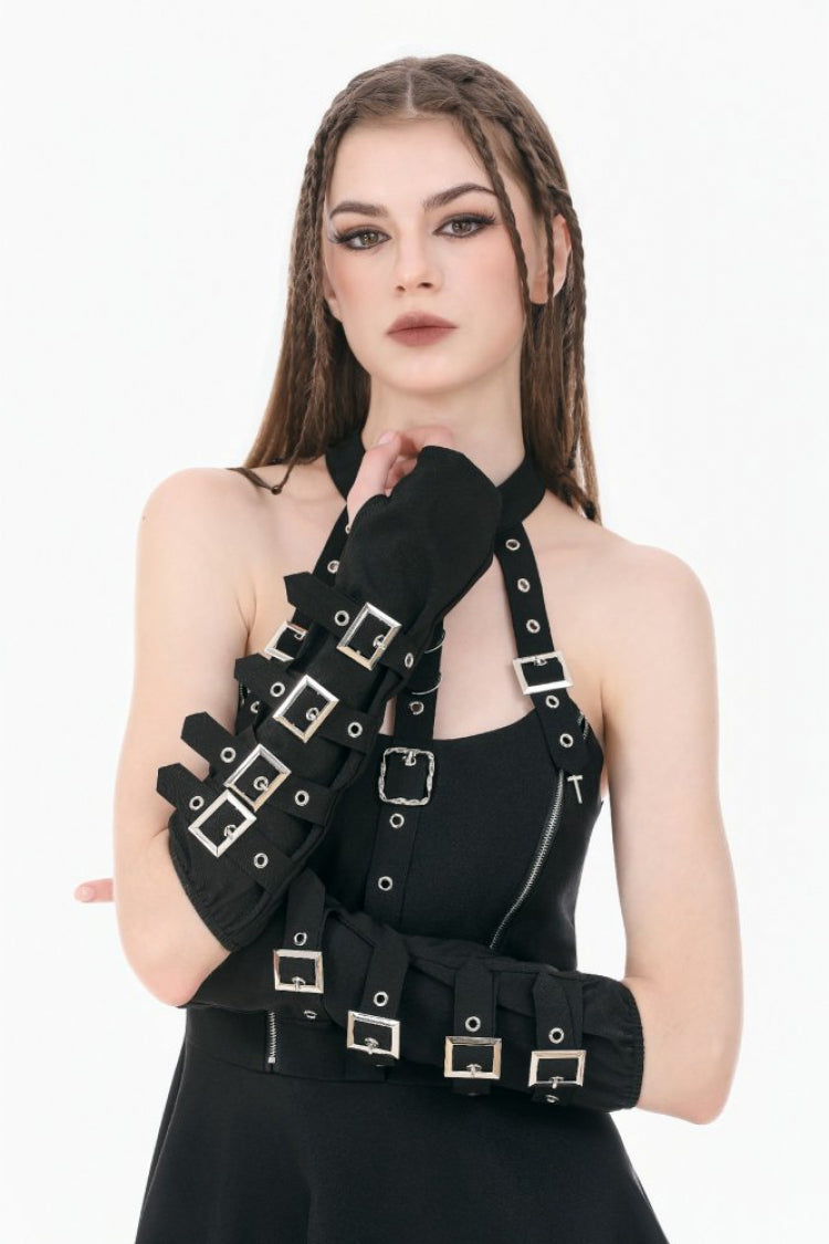 Schwarze, mehrschichtige, mit Schnallen versehene Ösenriemen für Damen, fingerlose Punk-Handschuhe