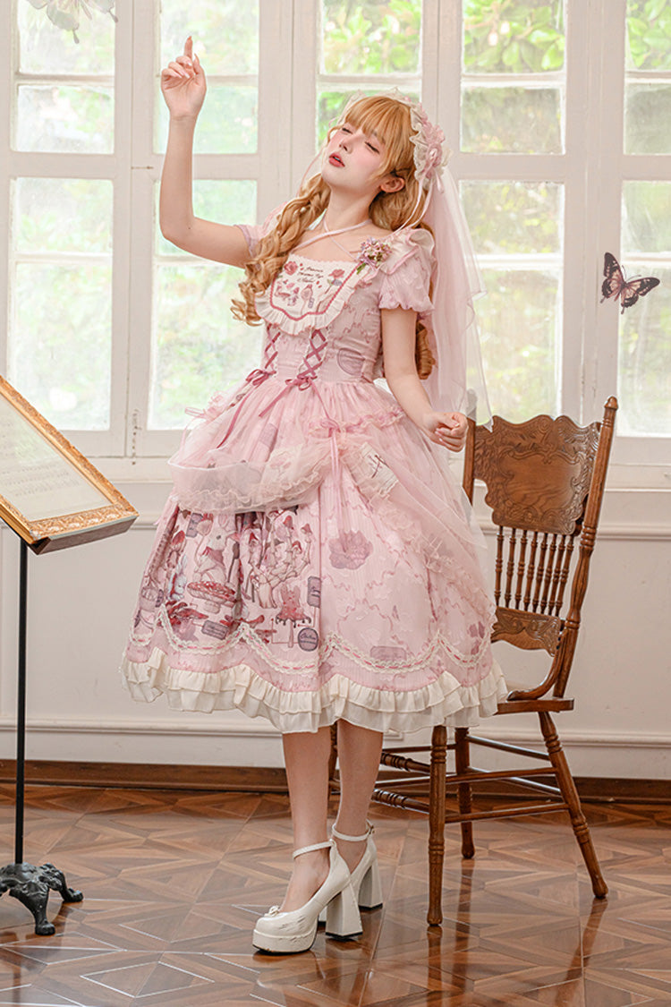 Süßes Lolita-Kleid mit rosa Kaninchen-Print, quadratischem Kragen, kurzen Ärmeln, Rüschen, Schleife und Spitze