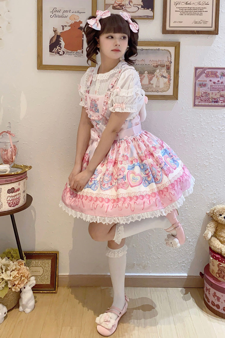 Milky Berry Bear Print Pink Bowknot Stitching Lace Sweet Lolita Strap Dress
