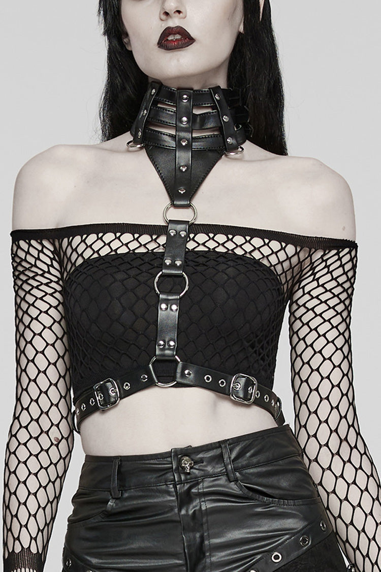 Black Buckle Ring Faux Leather Women's Steampunk Adjustable Choker Harness
