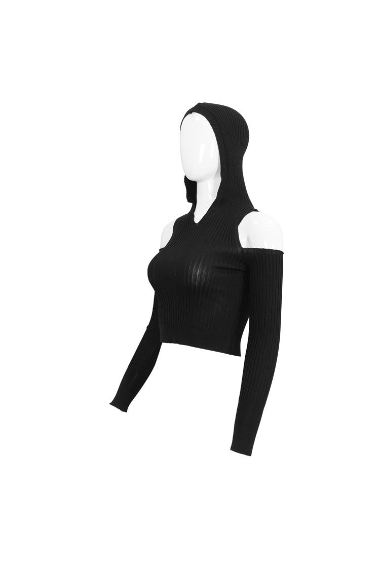 Black Hooded Off-The-Shoulder Back Cutout Rope String Upside Down Pentagram Wool Knit Long Sleeve Women's Punk Sweater