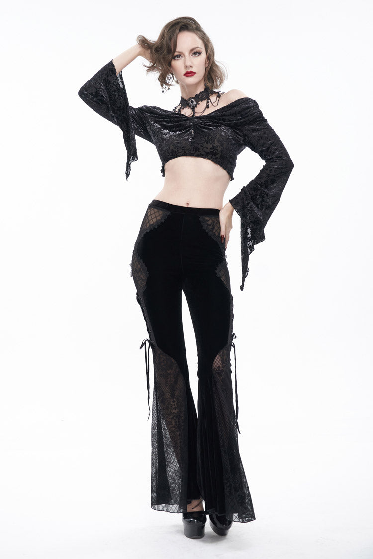 Black Translucent Velvet Jacquard Sexy Panel Lace-Up Plaid Flared Gothic Women's Pants