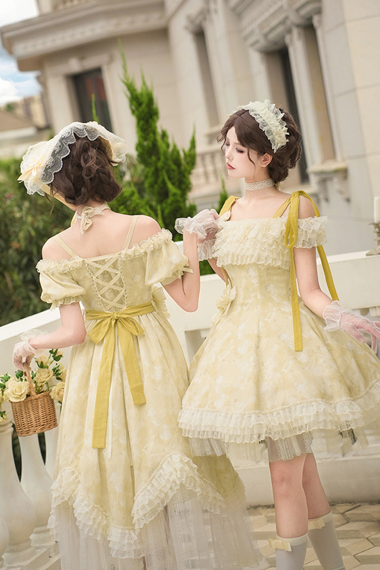 Yellow [Falling Flowers as a Message] Square Collar Short Sleeves Print Ruffle Lace Sweet Elegant Lolita Long Dress