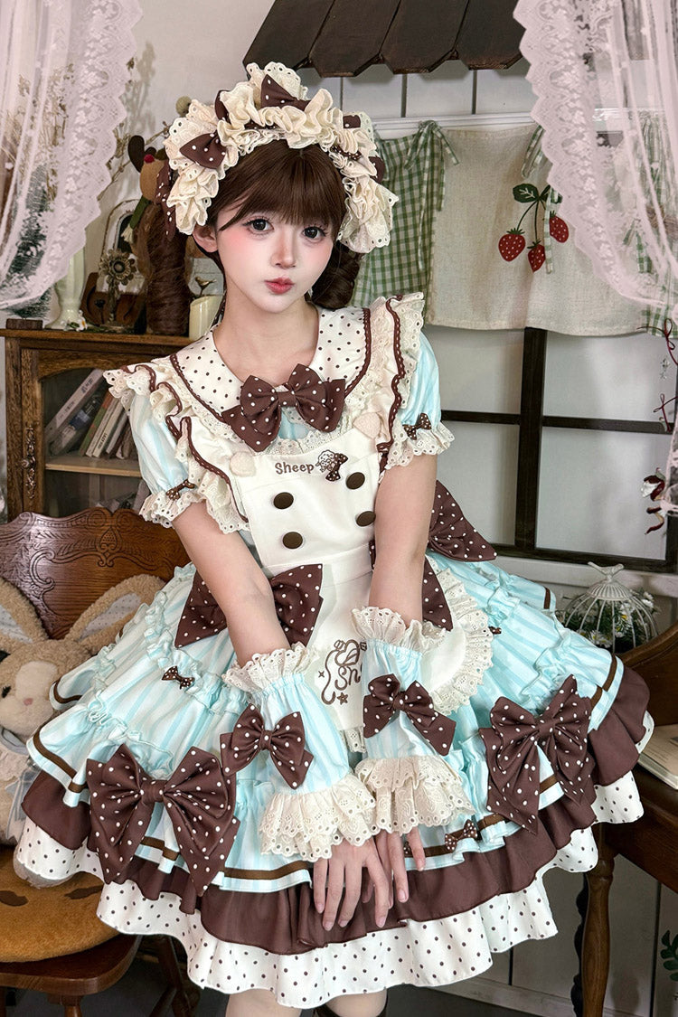 Mint Chocolate [Sweet Whispered Vows] Round Collar Short Sleeves Multi-Layered Printed Ruffled Bow Sweet Lolita Dress