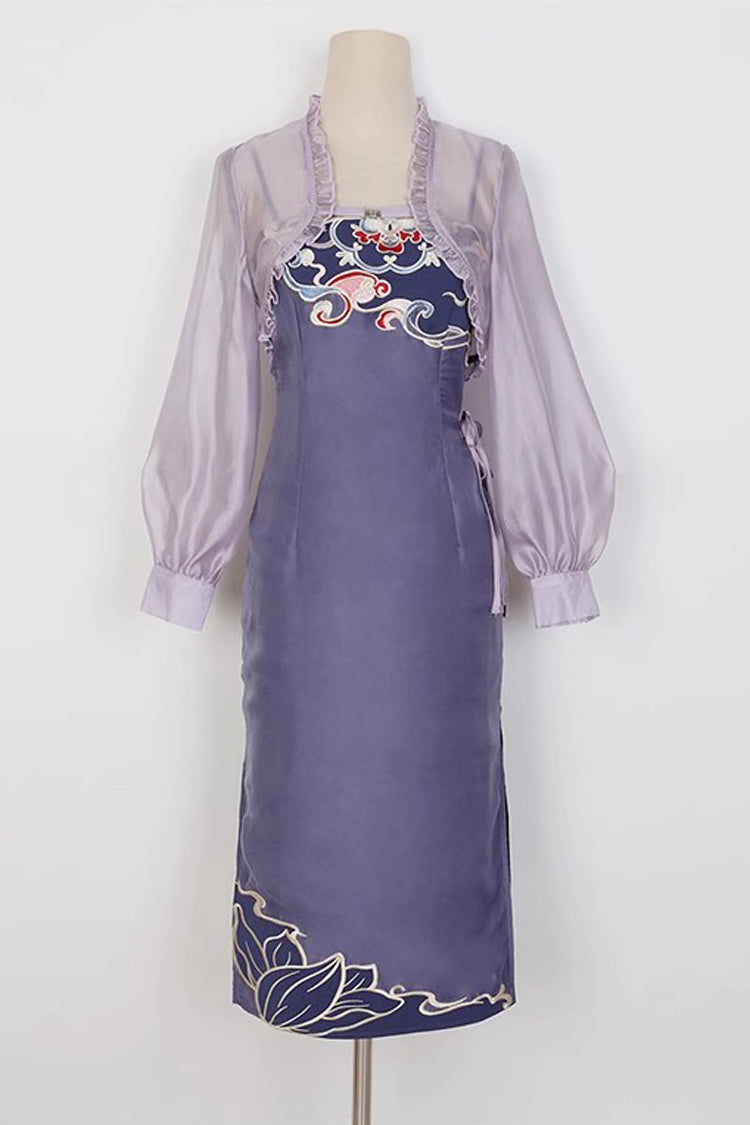 紫色のレトロな胸刺繍漢要素サスペンダーマント付き甘い漢服ドレス