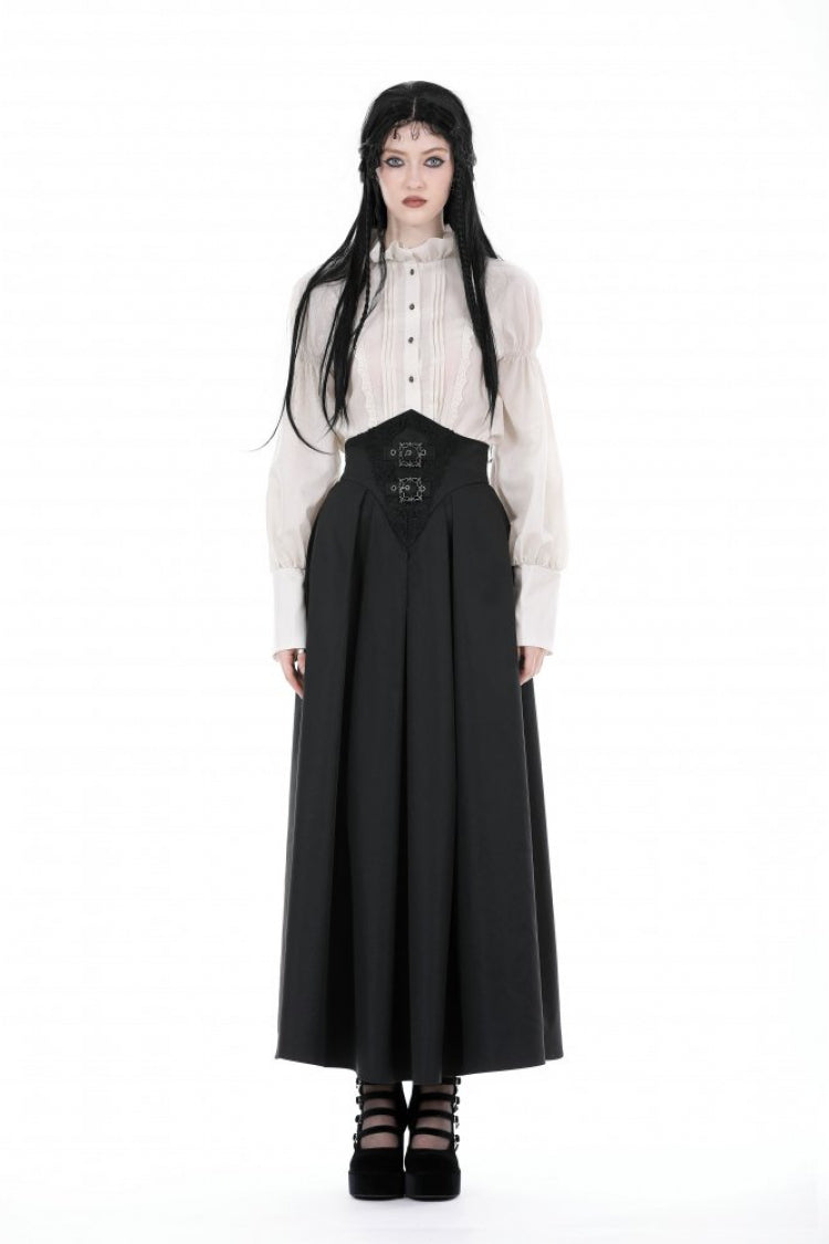 Black High Waisted Women's Gothic Pleated Long Skirt