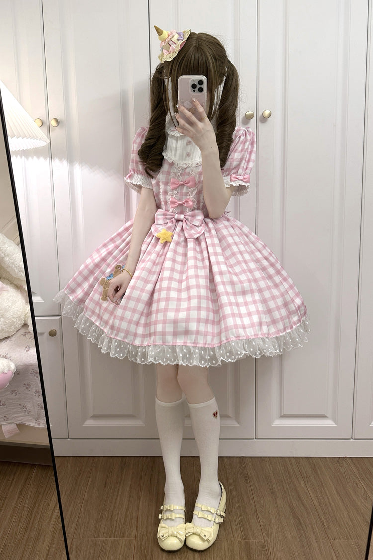 Pink Rabbit & Bear Plaid Print Short Sleeves Ruffle Embroidery Bowknot Lace Sweet Lolita Dress