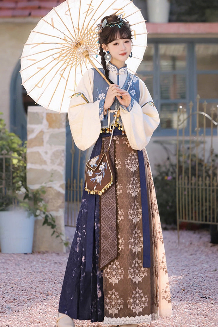 マルチカラー [雪原の風] スタンドカラー 長袖 プリント 刺繍 レディース デイリー スイート 漢服 ドレス セット