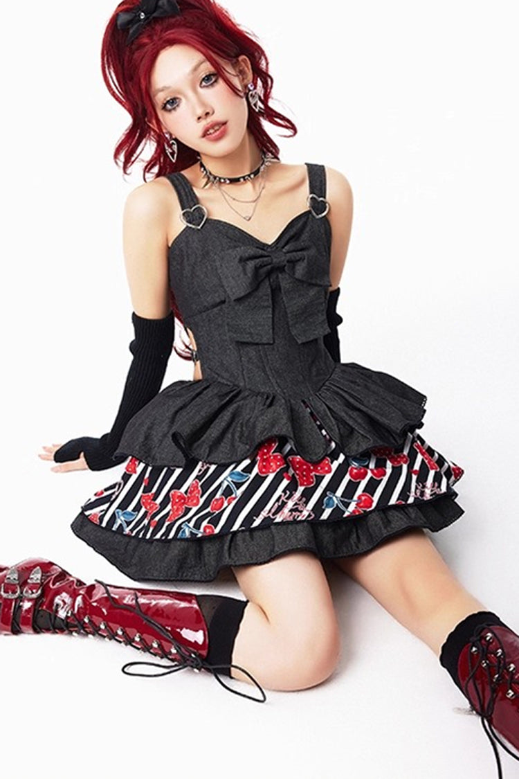 Black [Cherry] Sleeveless Triple-Layered Print Ruffle Bowknot Denim Sweet Japanese Vintage Lolita Jsk Dress