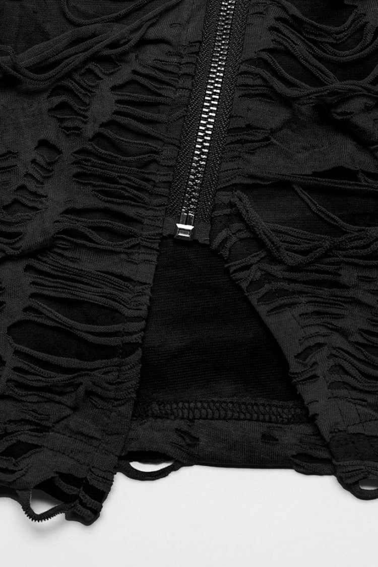 Stand Collar Short Sleeves Diagonal Zipper Ripped Womens Steampunk T-Shirt 2 Colors