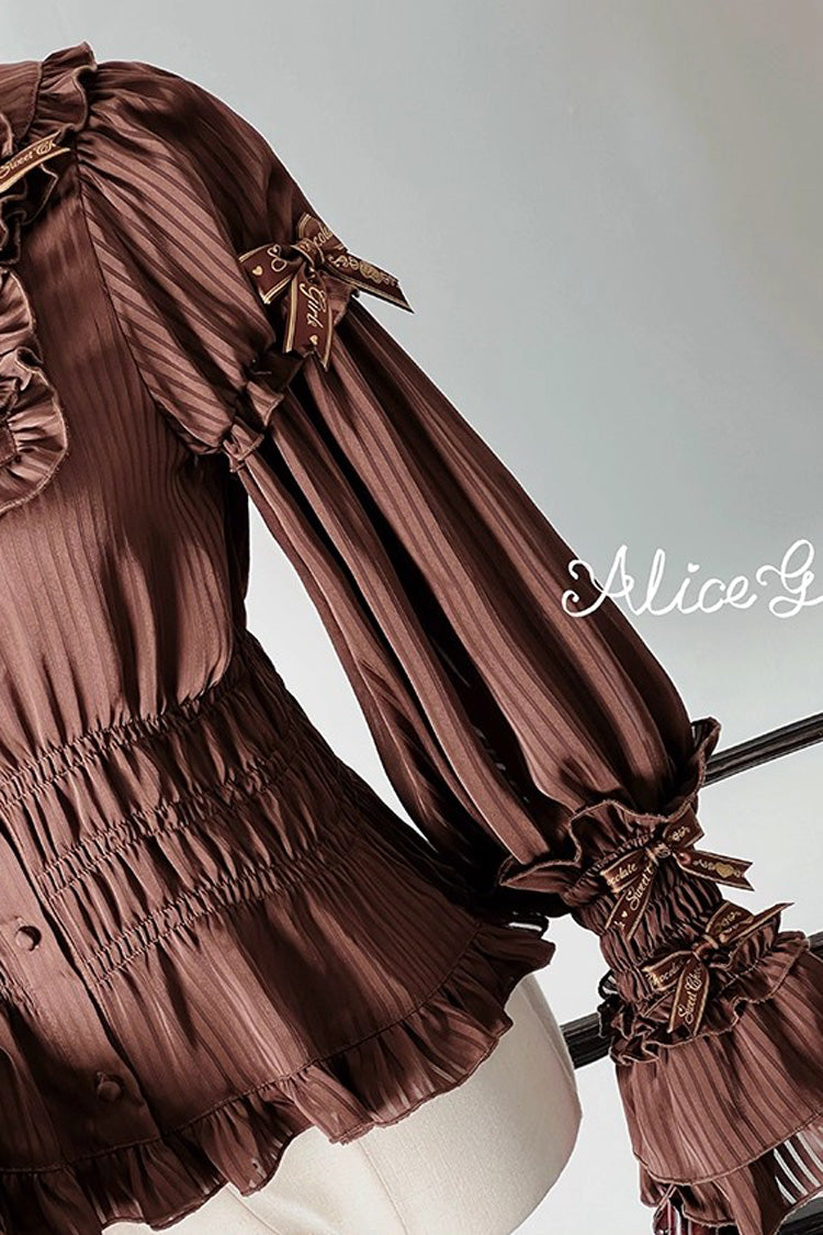 [Teddy Bear Chocolate] Round Collar Long Trumpet Sleeves Ruffle Bowknot Sweet Lolita Blouse 3 Colors