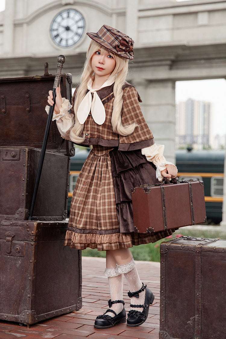 Brown [Morning Tune] Sleeveless High Waisted Print Ruffle Asymmetric Sweet Lolita Strap Dress