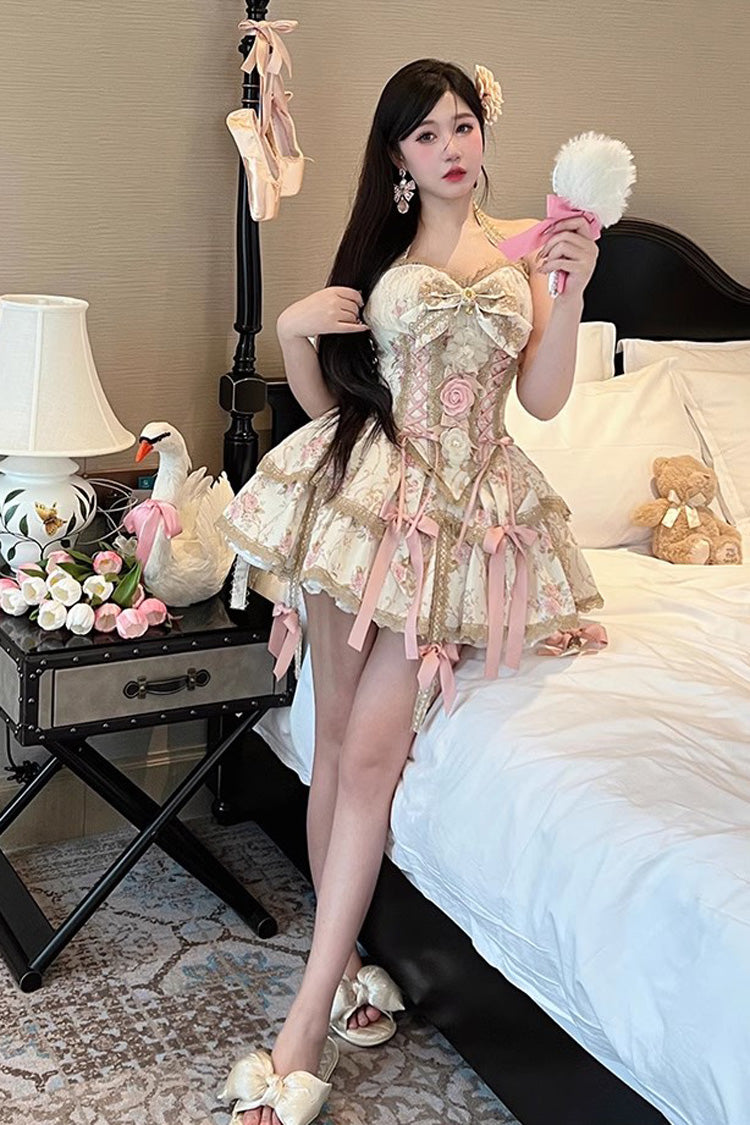 Champagne Halterneck Rich Flower Bowknot Lace-Up Sweet Gorgeous Lolita Skirt Dress Set