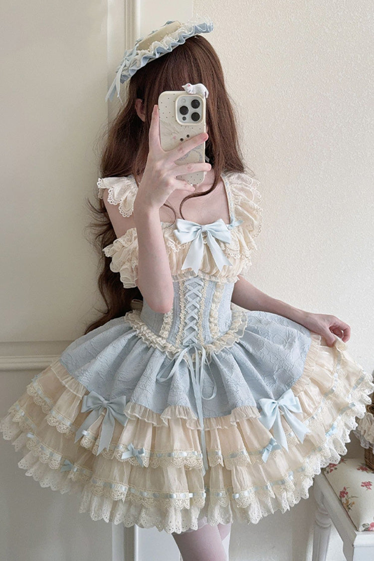 Robe Jsk Lolita Ballet Doux à Nœud Papillon en Dentelle à Lacets à Volants Double Couche [Flory Butterfly] Bleue 
