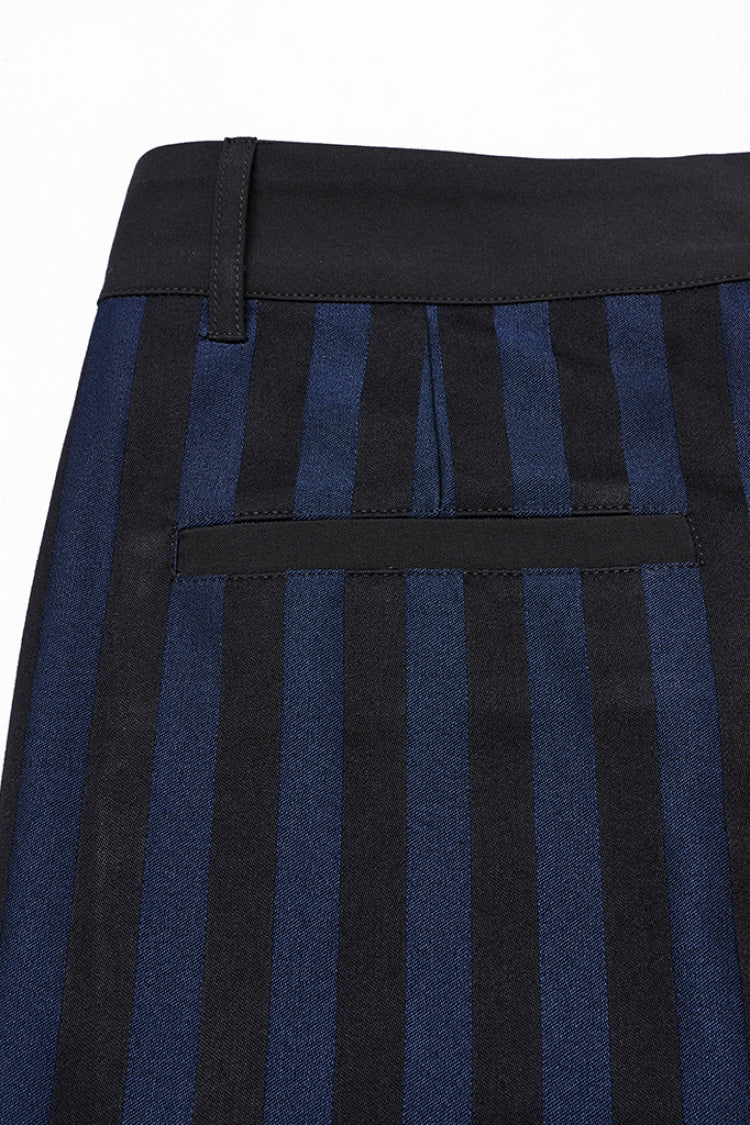 Black/Blue High Waisted Striped Print Men's Gothic Suit Pants