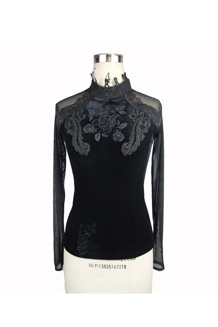 Black High Collar Front Chest Rose Decals Mesh Long Sleeve Rose Embossed Velvet Women's Gothic T-Shirt