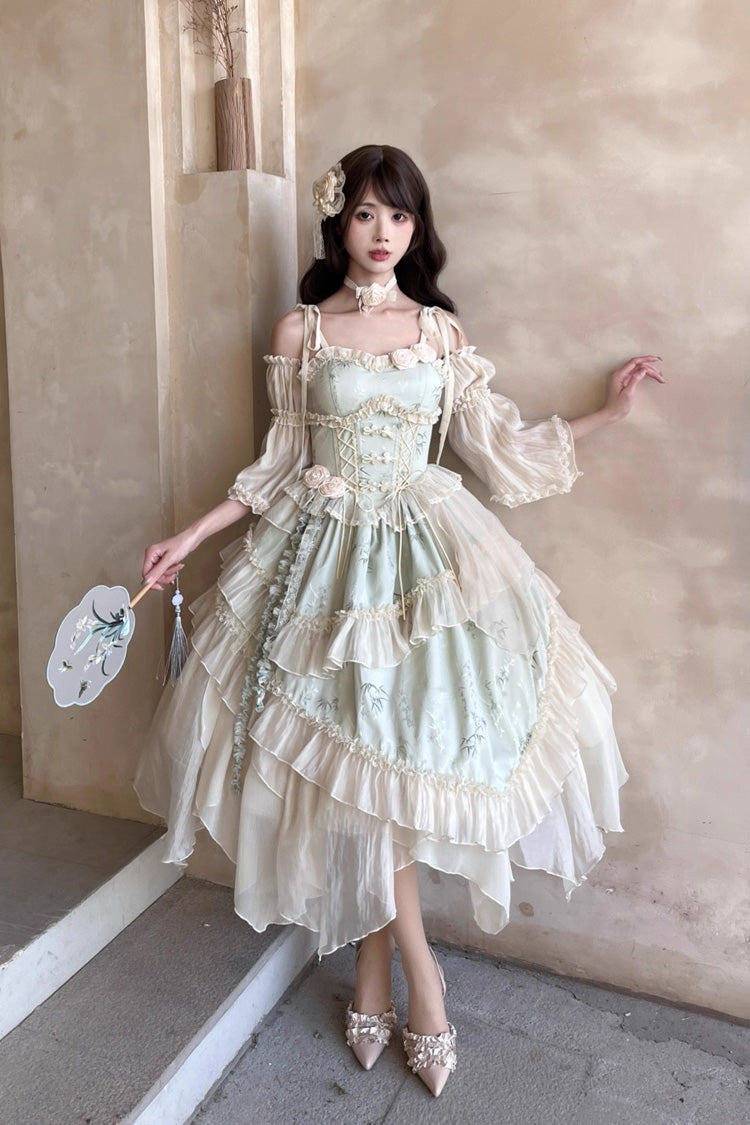 Green [Tea Bamboo Song] Sleeveless Print Ruffle Bowknot Sweet Chinese Style Elegant Ballet Lolita Jsk Long Dress