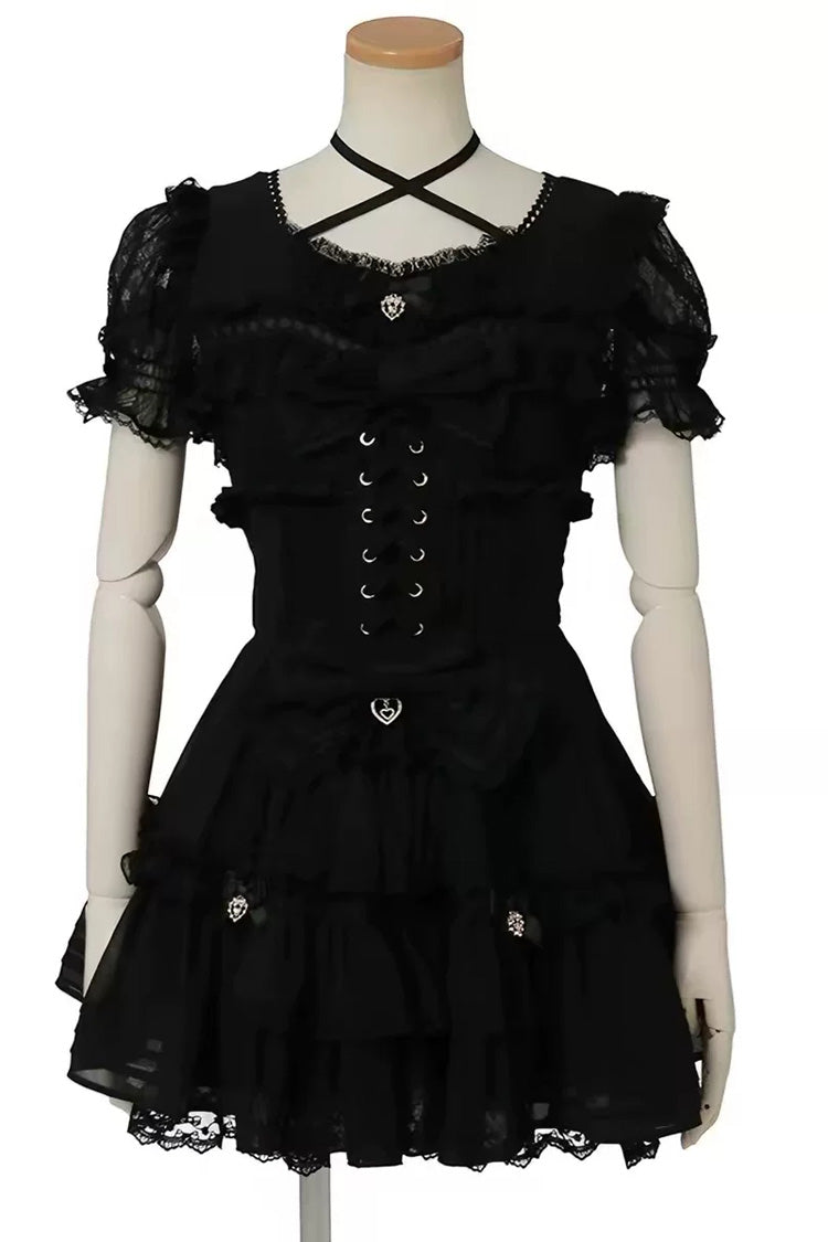 Jirai Kei manches courtes triple couche imprimé nœud à volants à lacets doux ensemble de robe japonaise 3 couleurs