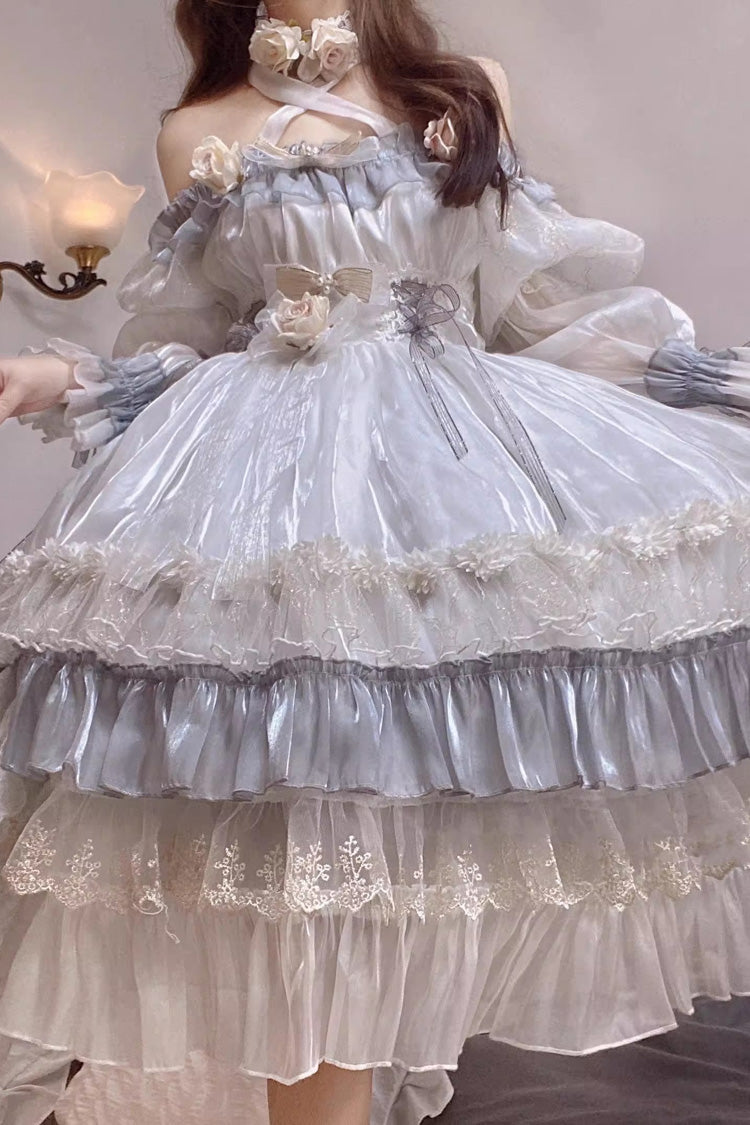 Grey/Blue [Spring of Boliya] Long Sleeves Multi-Layered Ruffle Bowknot Lace Lace-Up Sweet Princess Lolita Dress