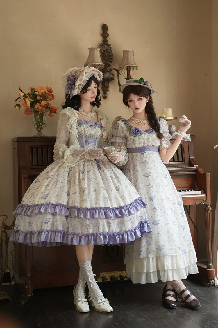 Purple/Ivory [Iris Secrets] Short Sleeves Double-Layered Print Ruffle Bowknot Lace-Up Sweet Lolita Dress