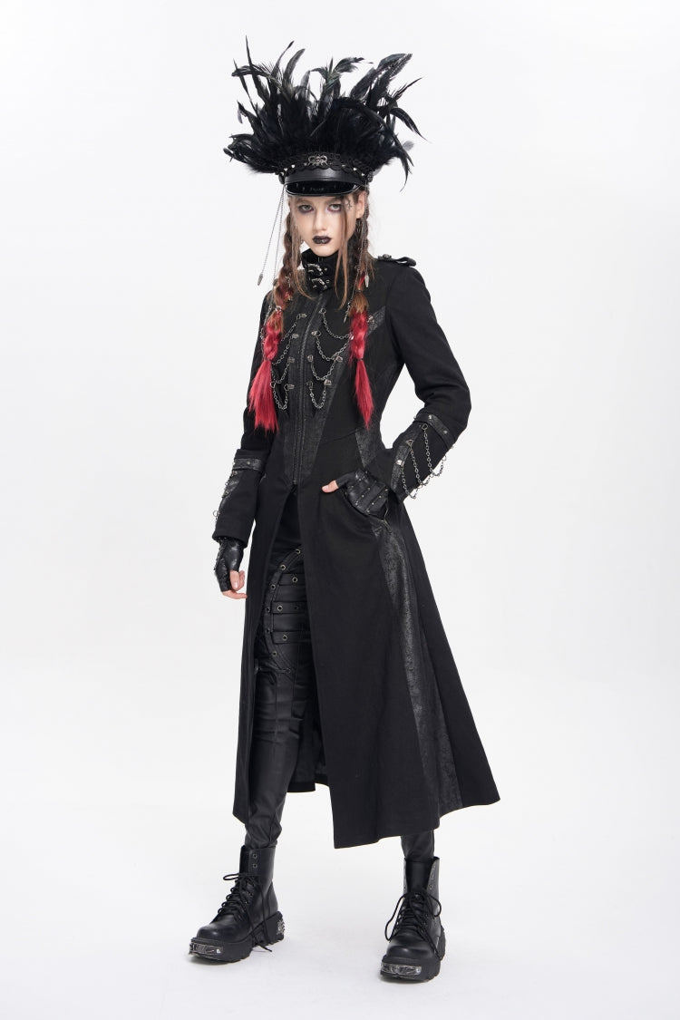 Black Stand Collar Long Sleeves Buckle Chain Women's Punk Jacket