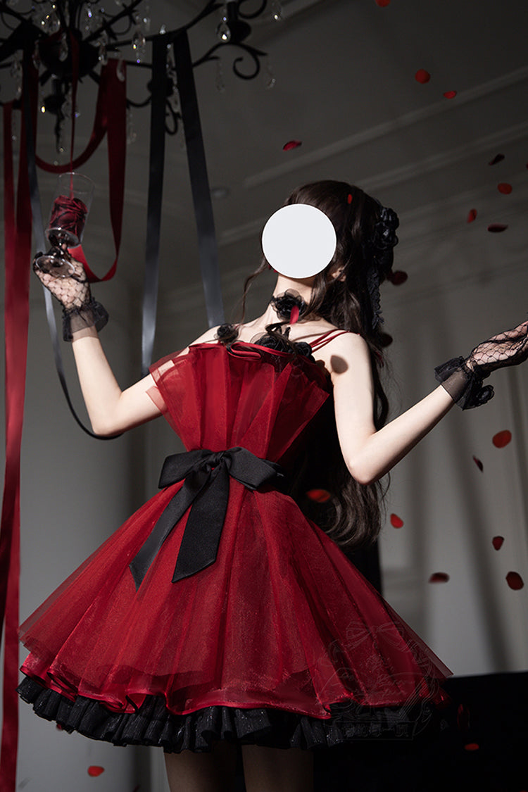 Robe Lolita Princesse Douce Sans Manches à Volants et Nœud Papillon [Bouquet de Nuit Éternelle] Rouge Vin 