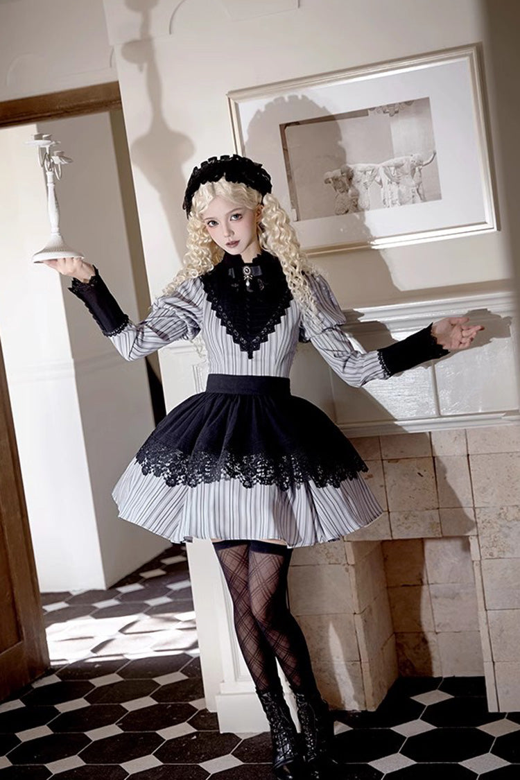 Light Grey [Nocturne] Vertical Stripes Print Ruffle Bowknot Lace Gothic Lolita Dress 2 Versions