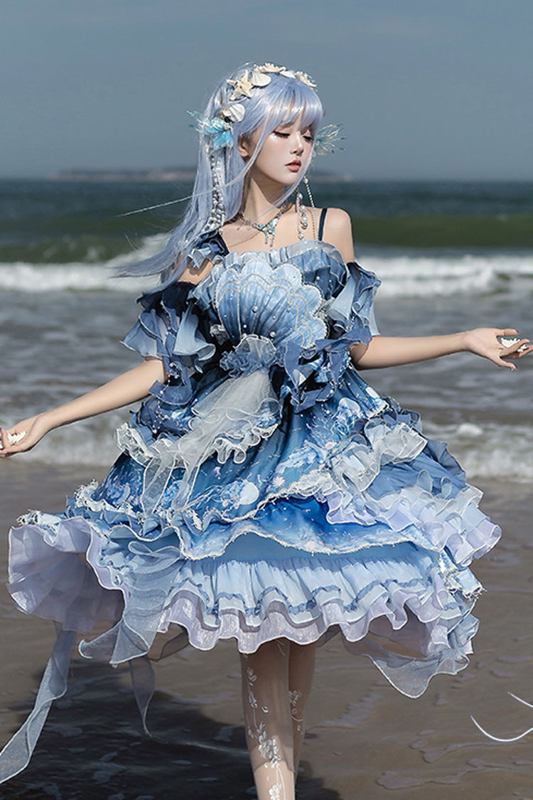 Blue [Jellyfish] Gradient Print Ruffle Embroidery Bowknot Lace Asymmetric Sweet Elegant Lolita Jsk Dress