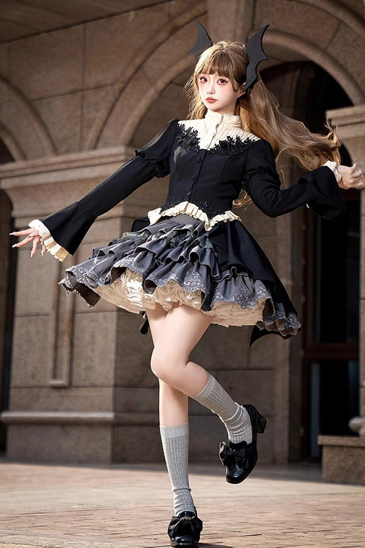 Black [Eternal Night Feast] Multi-Layered Ruffle Lace Gothic Princess Lolita Top and Skirt Set
