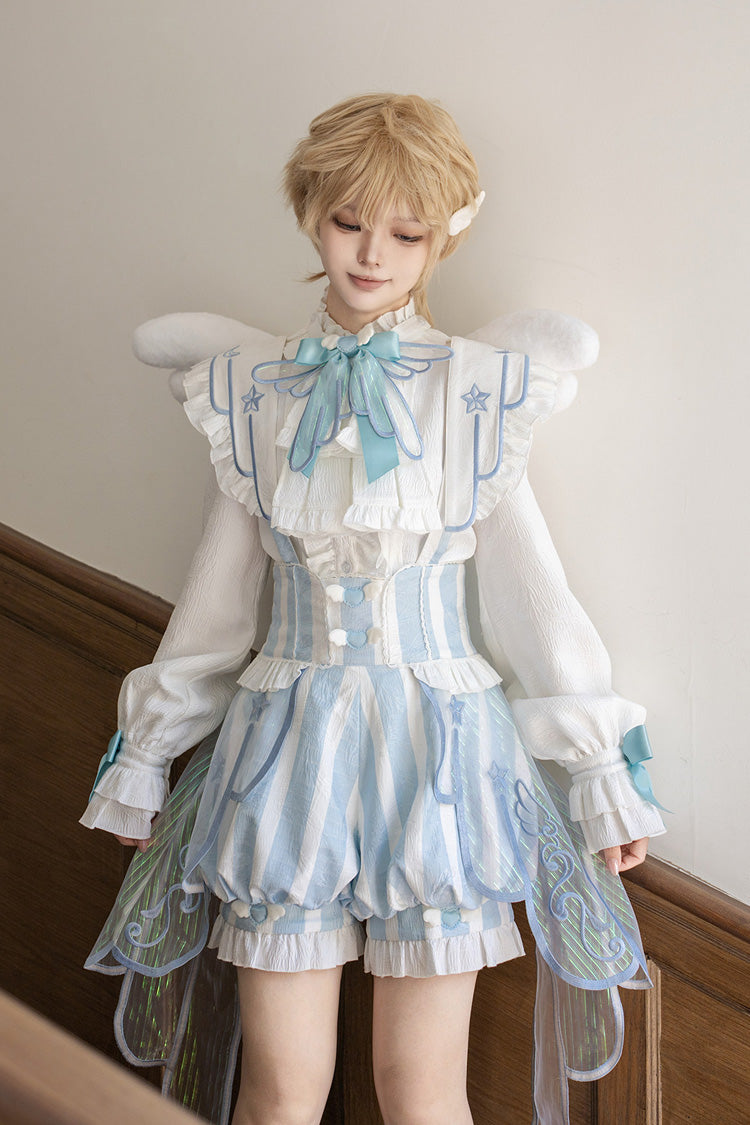 Blanc/bleu [Angel's Covenant] col montant manches longues rayé imprimé nœud gothique Ouji Lolita jarretelles ensemble short et haut