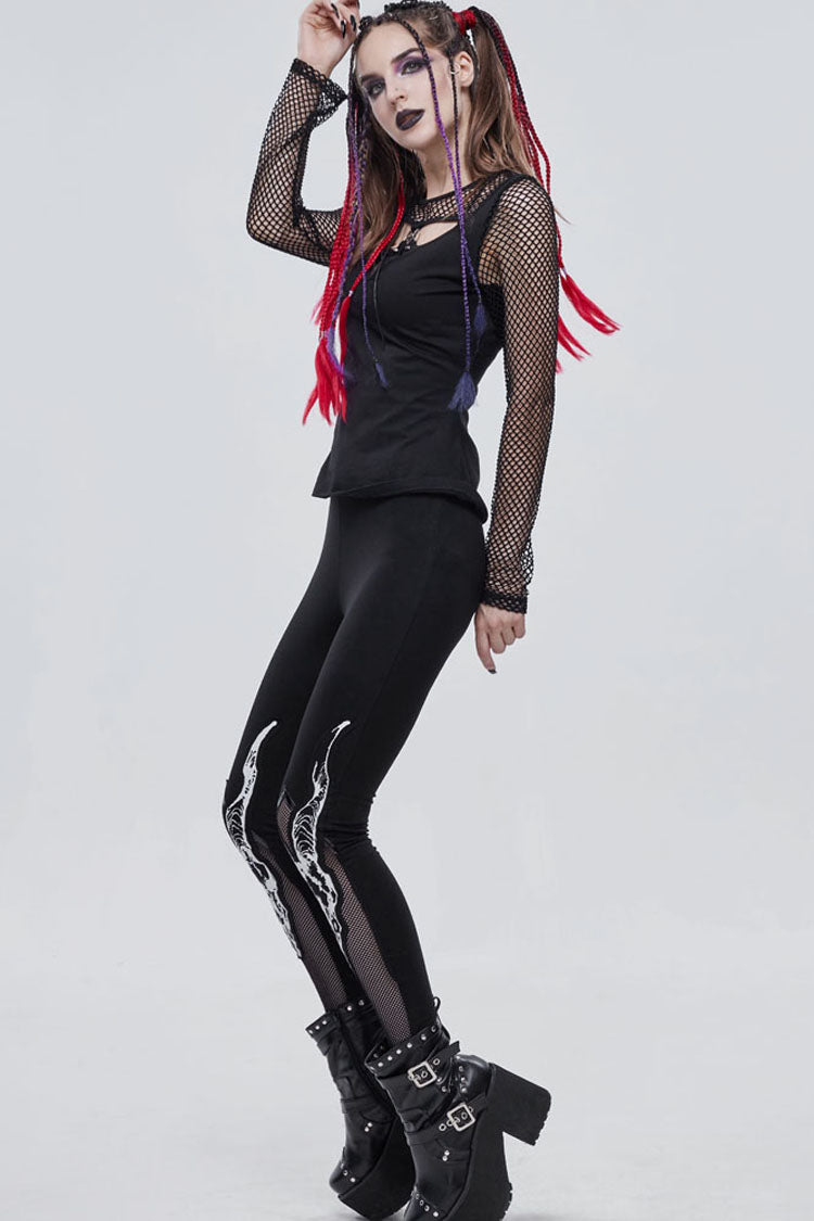 Black Gothic Stretch Knitted Fabric Spliced Mesh Devil Sheep Head Pattern Printing Women's Leggings