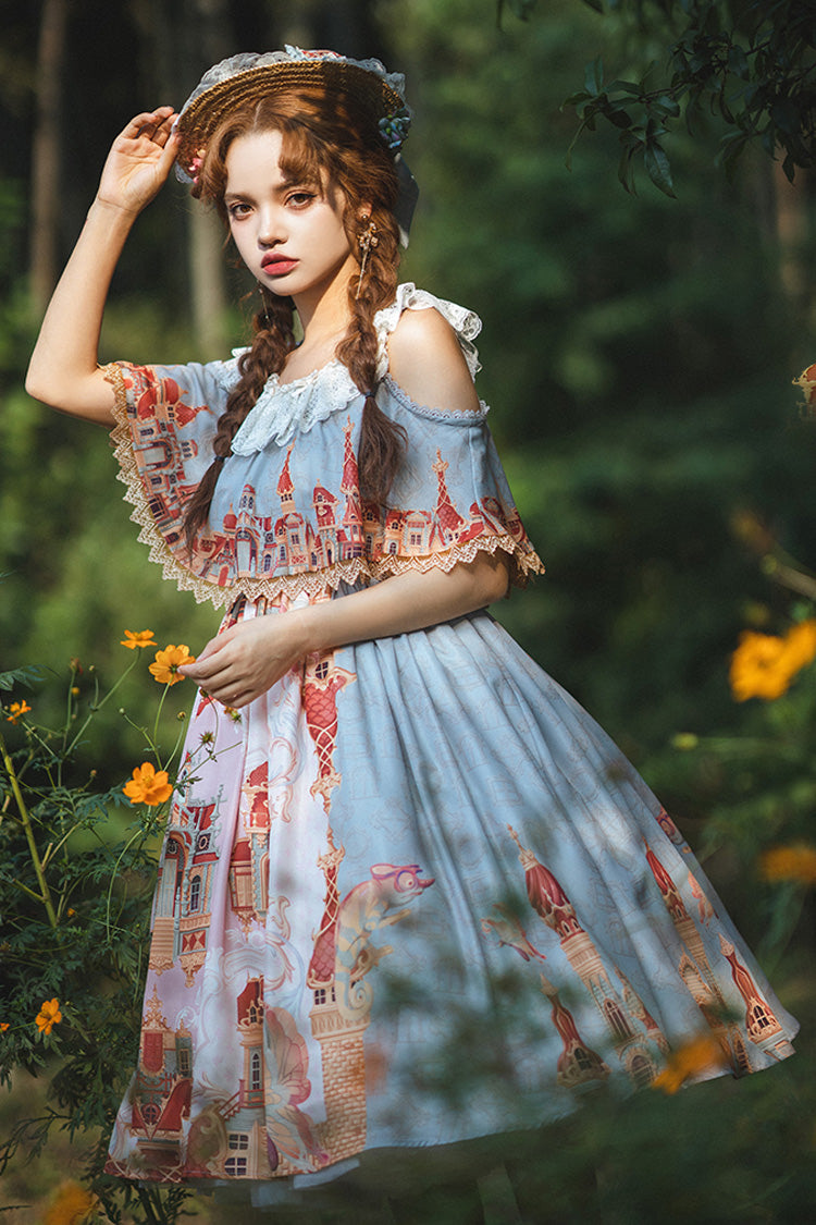 Multi-Color European Architectural Oil Painting Print Off Shoulder Short Sleeves Bowknot Sweet Lolita Dress