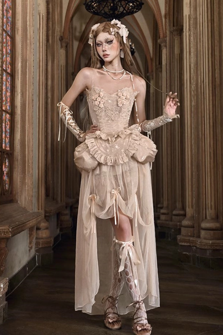 Apricot V Collar Sleeveless High Waisted Ruffle Embroidery Lace Fishbone Gothic Lolita Corset Skirt Set