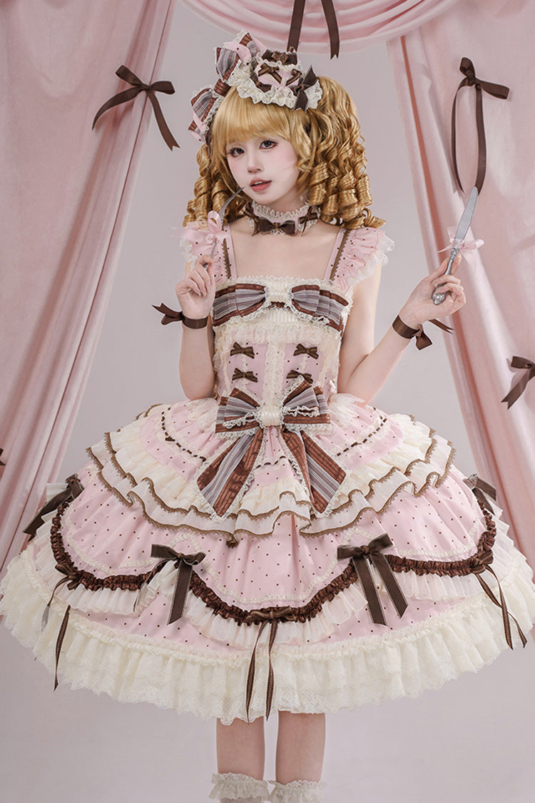 Pink [Shengqiao Tata] Sleeveless Print Ruffle Bowknot Lace-Up Sweet Elegant Lolita Jsk Dress