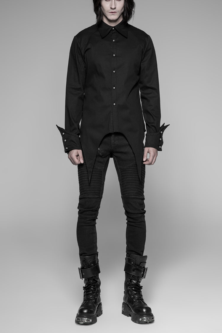 Black Long Sleeve Front Metal Pattern Buckle Sharp Corner Hem Men's Gothic Shirt