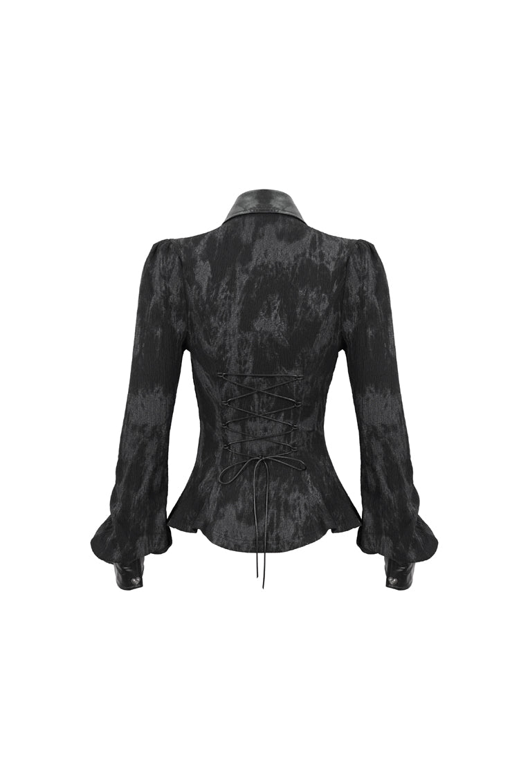 Black Leather lapel Heart Cutout Puff Sleeved Women's Gothic Shirt