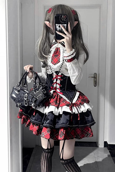 OZZ ロリータ ゴシック コスプレ ジレ トップス ベスト パンク 赤 黒 女性の甘い深い赤と黒のゴシックロリータドレス、ロール