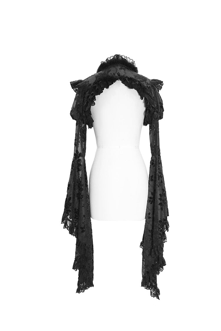 Schwarzer transparenter Spitzenbesatz, große Trompetenärmel, 3D-Blume, Kaninchenfell, Spitze, Gothic-Schal für Damen