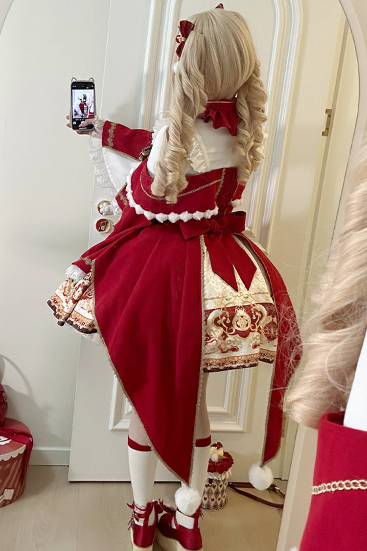 Red [New Year] Print Ruffle Bowknot Lace-Up Sweet Chinese Style Lolita Jsk Dress