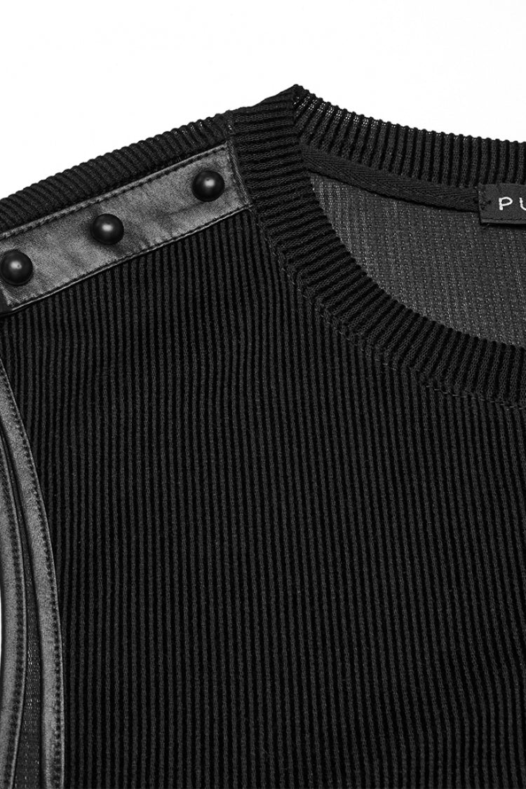 Gilet Punk pour Hommes avec Rivets, Col Rond Noir, Maille Transparente et Agencement de Couleurs 