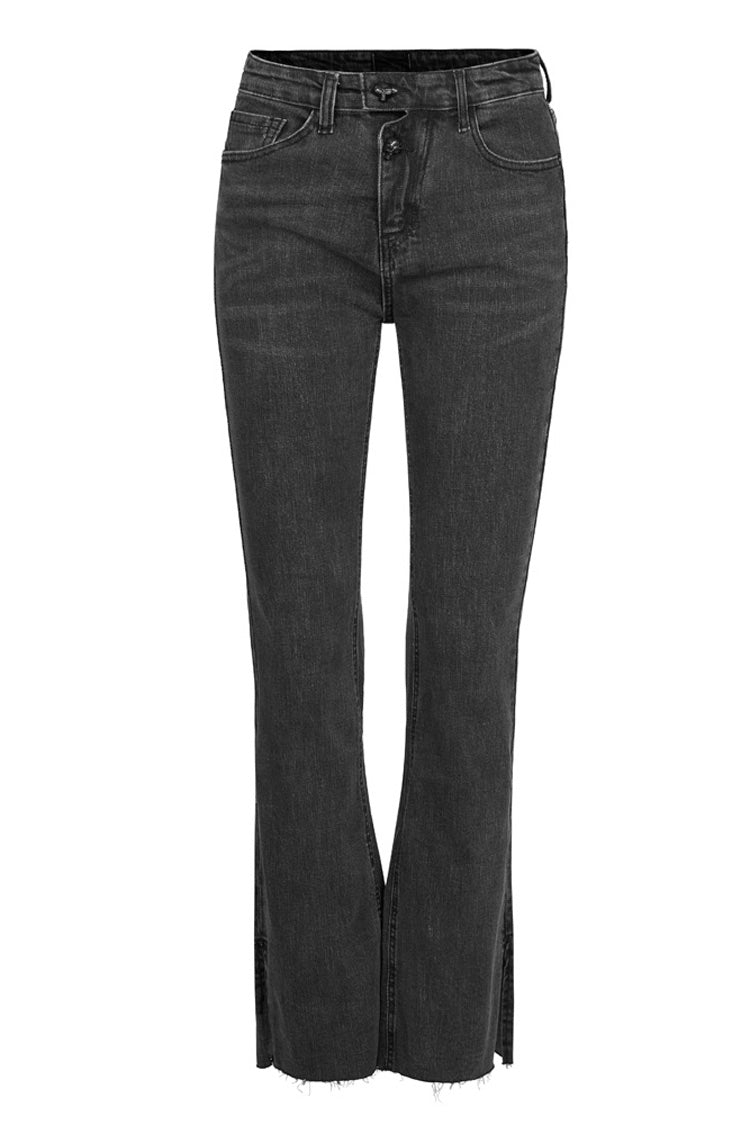 Schwarze, enge, elastische, zerrissene Jeanshose mit asymmetrischer Knopfleiste und mittlerer Taille für Damen im Punk-Stil