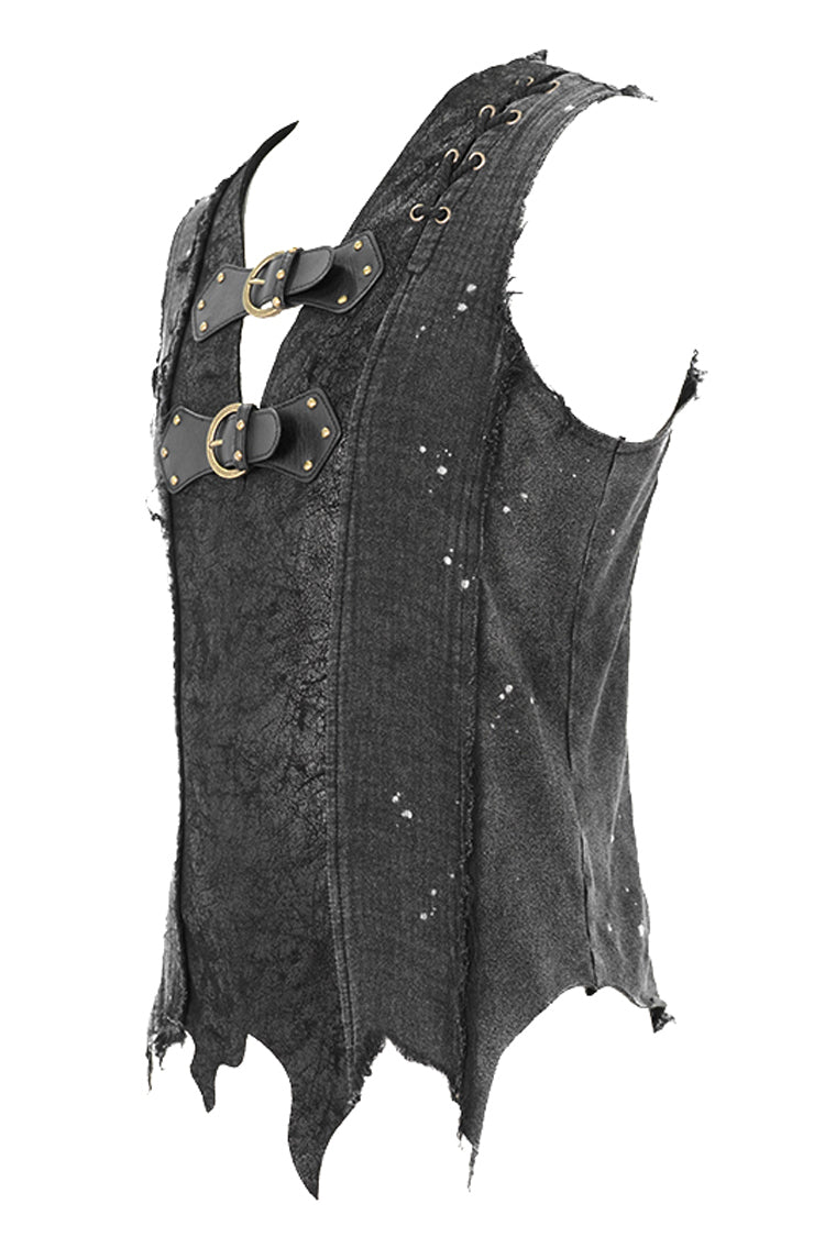 Black V-Neck Sleeveless Ripped Buckle Straps Men's Gothic Vest